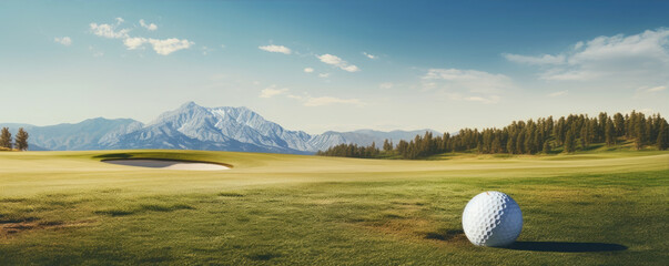 Golf ball with green landscape. wide banner