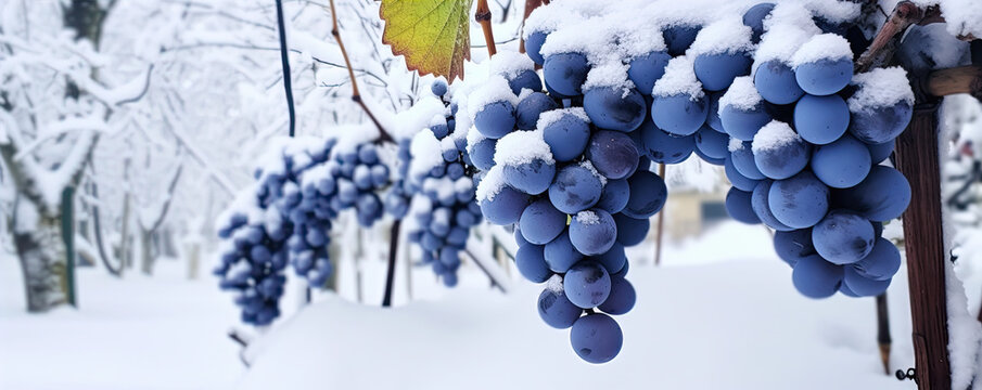 Blue grapes covered with snow in winter. Grape panorama photo.