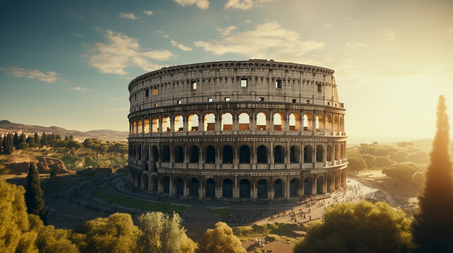 Incredible aerial shot of the Roman Colosseum, high contrast, stunning sunrise light casting long shadows, intricate detailing of the ancient ruins
