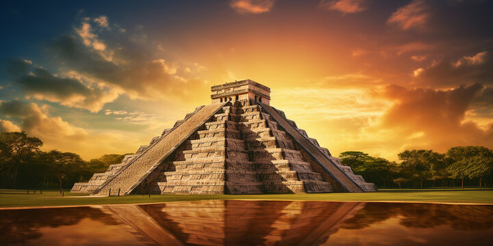 view of the ancient Mayan Pyramid of Kukulkan at Chichen Itza, strong side lighting, warm sunset tones