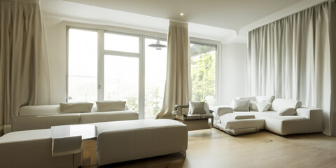 Minimal white living room with modern design. Home salon for relaxing. Functional living room. White and clear design. Furniture and sofa advertising. relaxation at home. AI generative.