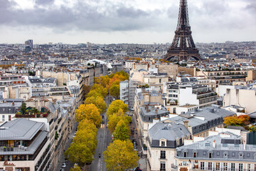 Paris cityscape on a rainy day with the Eiffel Tower in the distance