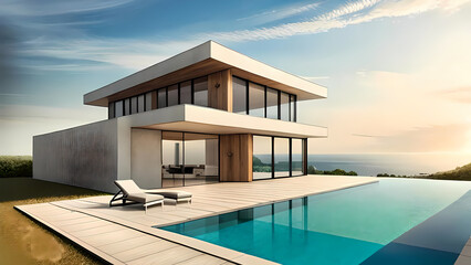 Fototapeta na wymiar Villa with pool on the sea coast