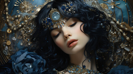 Art Nouveau tarot and mindfulness woman illustration