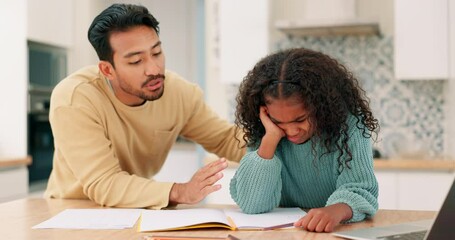 Education, motivation and a father talking to his daughter while using a notebook for learning or study. Homework, encourage or problem solving with a man and student girl in the kitchen of a home