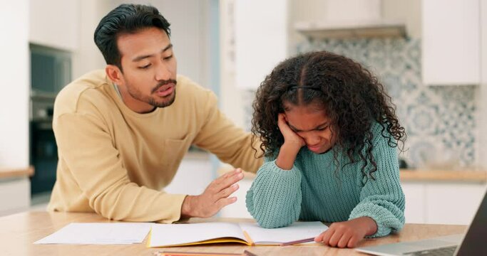 Education, motivation and a father talking to his daughter while using a notebook for learning or study. Homework, encourage or problem solving with a man and student girl in the kitchen of a home