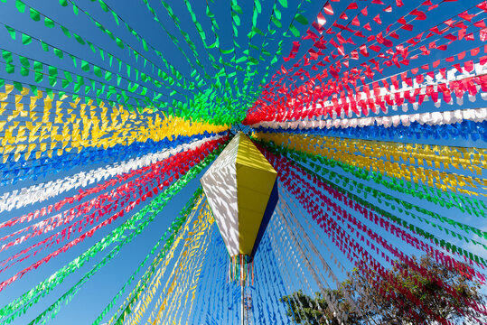 Decoration with balloons and colorful flags for the June festival of Sao Joao