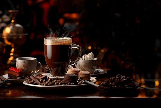 Against a rich, deep brown background, an enticing array of coffee and chocolate drinks beckon with their irresistible allure. The velvety hue of the backdrop complements the warm tones of the beverag
