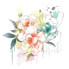 Watercolor Camellias Clipart featuring a vibrant bouquet of camellia flowers in various shades of pink and red, delicate petals unfurling in full bloom, Generative Ai - obrazy, fototapety, plakaty