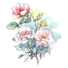 Sierkussen Watercolor Camellias Clipart featuring a vibrant bouquet of camellia flowers in various shades of pink and red, delicate petals unfurling in full bloom, Generative Ai © sukumarbd4