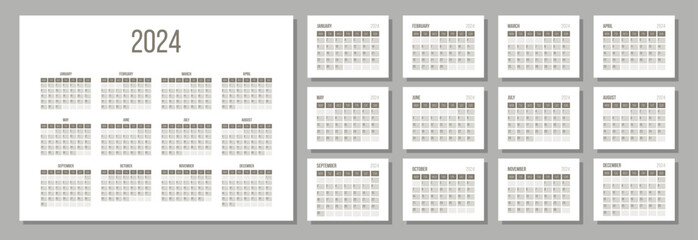 2024 calendar planner template. Monthly minimalistic calendar with 12 pages. Calendar in pastel colors