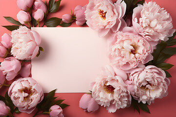 An empty white postcard in the middle, several pink peonies arranged as a frame, on pink background. Top view. Flat lay. Copy space for text. Generative AI image