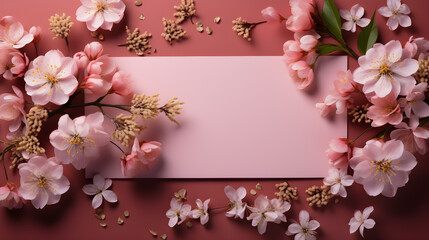 An empty white postcard in the middle, several pink cherry blossom arranged as a frame, on pink background. Top view. Flat lay. Copy space for text. Generative AI image