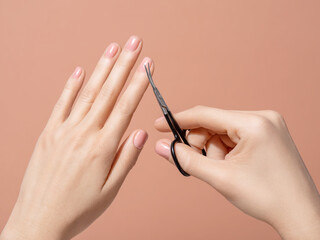 Hands holding a manicure scissors against neutral beige background. Self made manicure. Fingernail, hand care at home concept. Image for beauty salon, cosmetologist or manicure artist promotion.