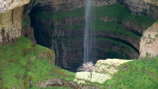 Baatara gorge waterfall in Lebanon. Gorge sinkhole in Tannourine, Lebanon