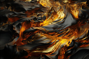 Abstract texture of golden yellow and black paint, waves and divorces, curls. Creative texture emulating flowing lava. Generative AI 3d illustration.
