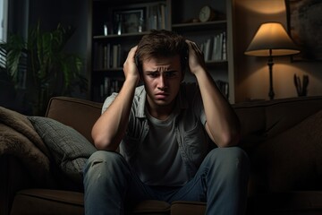 Fototapeta na wymiar young man in depression holding his head headache bankrupt in business