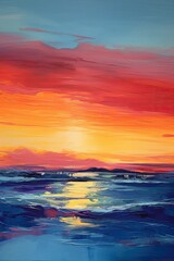 Naklejka na ściany i meble vertical painted landscape summer sea sunset painted with acrylics 