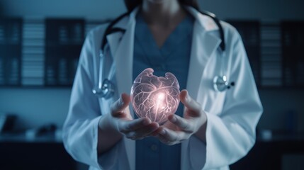 Female doctor holding in hands medical model anatomic organ – heart. - obrazy, fototapety, plakaty