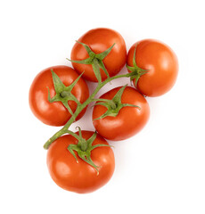 Close up of a branch of red tomatoes isolated on a white background, top view.
