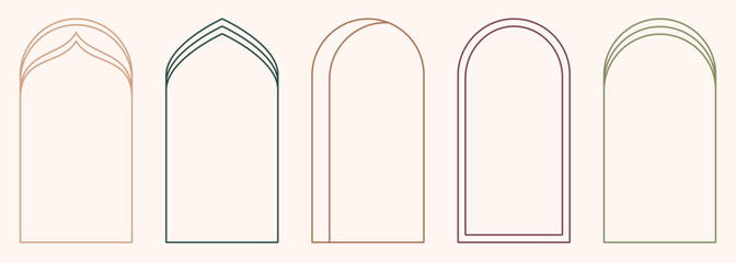 Modern minimalist aesthetic line arch frames in trendy boho style. Modern Y2K vector design outline elements - geometric form for banner, social media, poster. Shape Islamic door and window silhouette