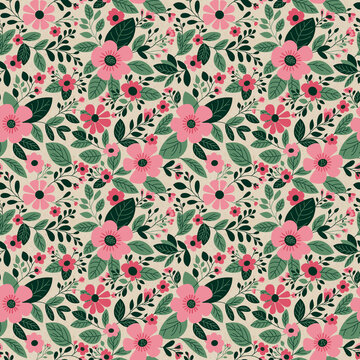 Floral seamless pattern with pink flowers. Gentle country style illustration for textile, women summer clothes, feminime print