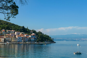 A panoramic view of the shore along Moscenicka Draga, Croatia. There is a small town located on the...