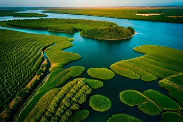 The contrasting shades of green create a striking visual tapestry, as the mangroves stretch as far as the eye can see. AI-Generated
