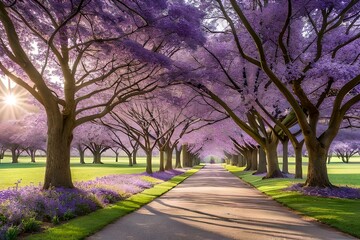 The branches are adorned with a profusion of violet flowers, creating a dreamlike scene of natural beauty. The sunlight filters through the delicate petals, casting a soft glow. AI-Generated