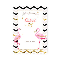 Gold glitter Sweet Sixteen invitation card with two flamingos. Template.