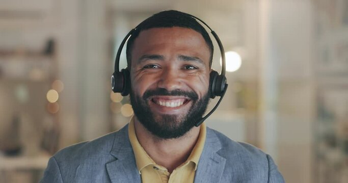 Man, call center and video call with face, laugh and comic joke in conversation, chat or customer care. Funny consultant, headphones and microphone in night for tech support, telemarketing or crm job