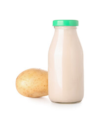 Bottle of tasty potato milk on white background