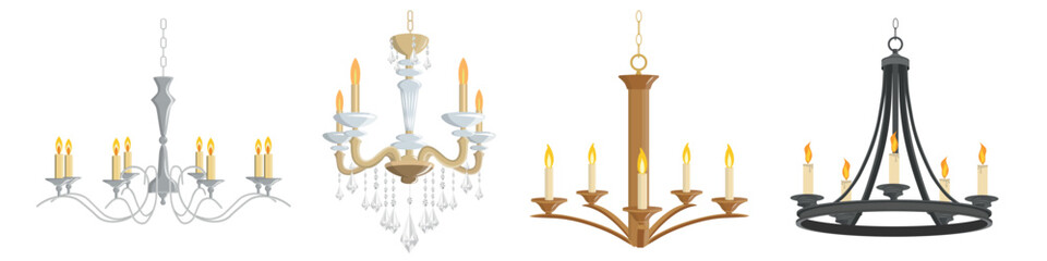 Set of beautiful classic chandeliers in cartoon style. Vector illustration of vintage chandeliers of different shapes and designs: crystal, with candles isolated on a white background.