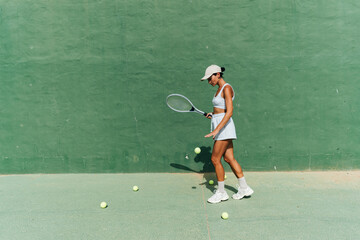 beautiful girl in a cap plays tennis on the tennis court against the background of a green wall