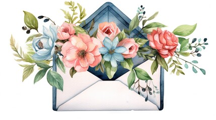  a watercolor painting of an envelope with flowers on it.  generative ai