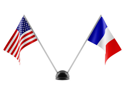 Stand with two national flags. USA and France flags. Isolated on a transparent background. 3d render