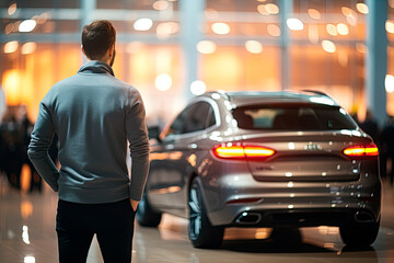 Man looking at new car. Back view