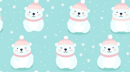 seamless pattern, icebear with hat and scarf, snow, turquoise background