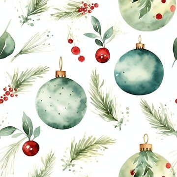 seamless pattern, christmas, christmas balls and pine branches