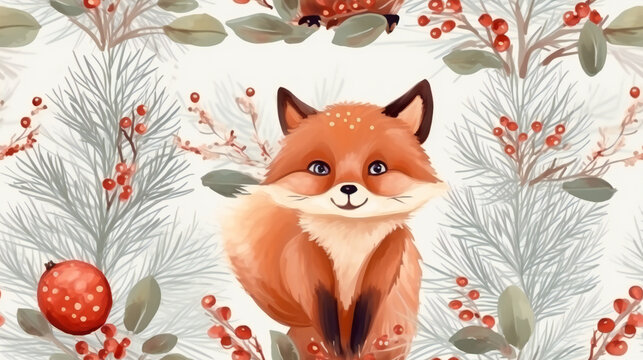 seamless pattern,fox and pine branches