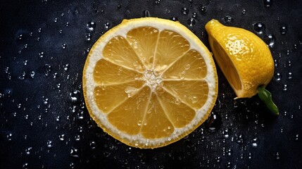  a sliced lemon and a whole lemon on a black surface.  generative ai