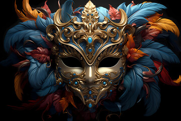 Artistic golden male mask with feathers on a dark background. Generative AI