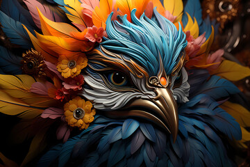 Fototapeta premium A bird mask with colorful feathers. Generative AI