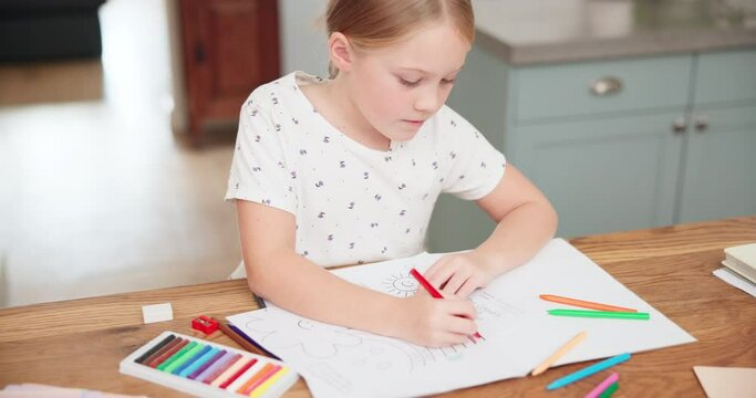 Creative, learning and girl with drawing with color for education and childhood development in home. Fun, growth and art with student kid relaxing at kitchen table for school in book with knowledge