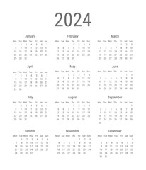 2024 calendar planner template. Monthly minimalistic calendar in black colors