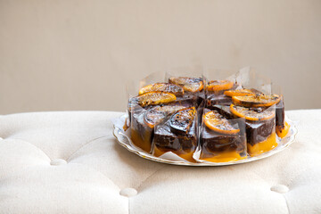 burned Orange chocolate topped with burned orange slices