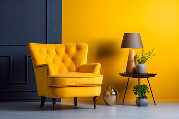 Yellow armchair and coffee table with lamp near. AI Generative