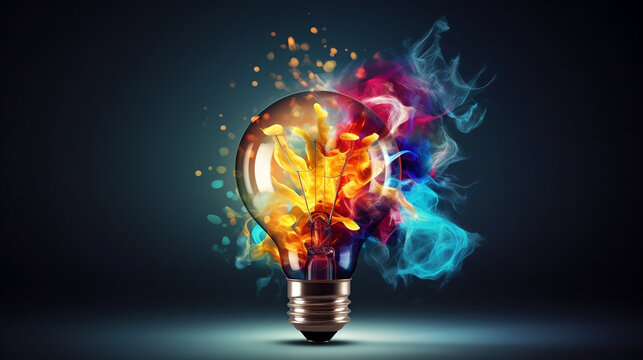 The concept of the development of an idea in the form of a light bulb in the hands of a businessman new quality universal colorful technology stock image illustration design, generative ai