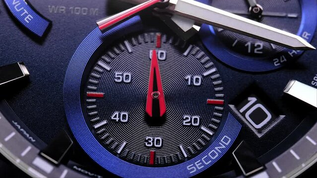 Close Up Of Stylish Luxury Man Wrist Watch With Moving Hand And Multiple Dials. Men's Swiss chronograph watch in metal with sapphire crystal. closeup view of rotating watch , running second arrow