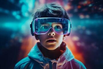 Obraz na płótnie Canvas Kid Using a VR Virtual Reality Headset Glasses for Gaming and Education 